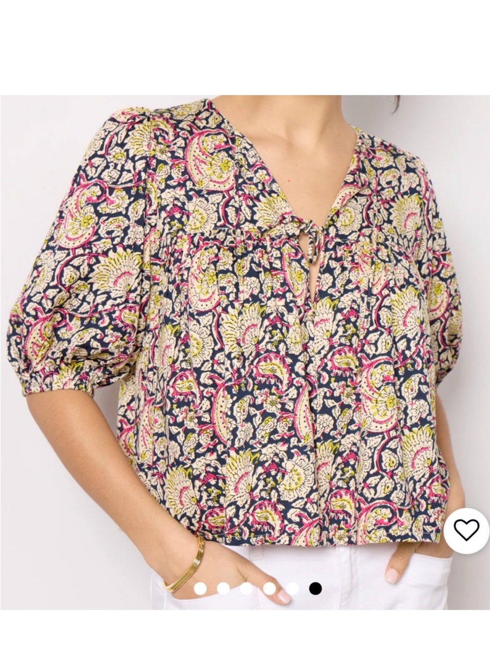 Love Tomas Emerson Fry Paisley Tie-Front Puff Isla Top Size XS/S NWOT